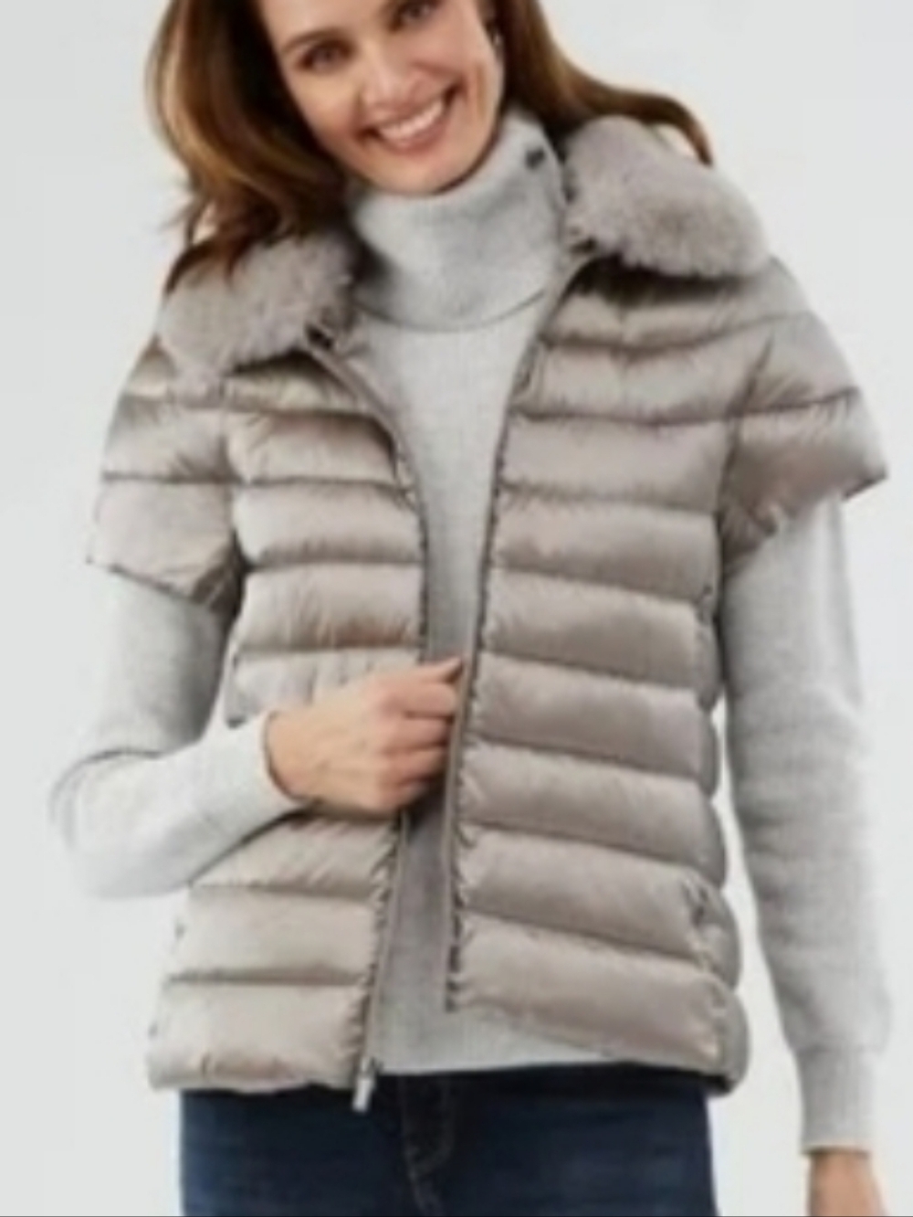 Martha Stewart Moonstone Grey Faux-Fur Trim Puffer Vest- Women's XL